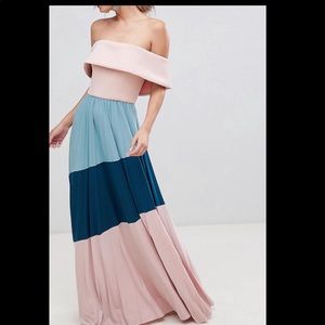 ASOS off shoulder multi color maxi dress
